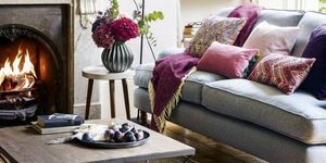 Útulný obývací pokoj s švestkou, malinou, růží a šedým schématem