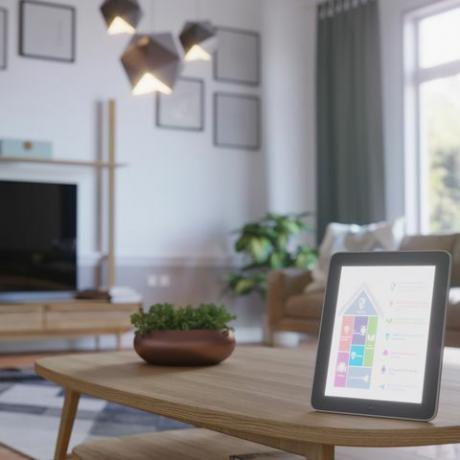 ovládání chytré domácnosti s tabletem ve skandinávském stylu interiéru obývacího pokoje 3d render
