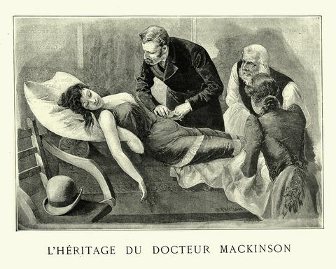 viktoriánský lékař kontroluje puls mladé ženy, 90. léta 19. století