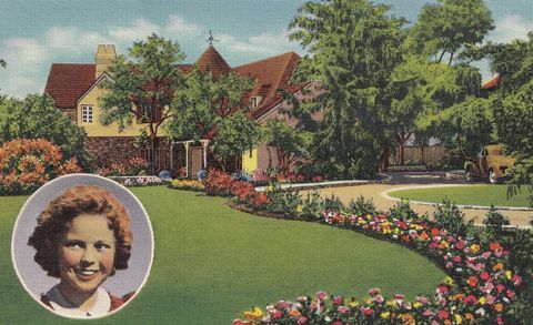 vintage suvenýrová pohlednice, dům Shirleyho chrámu, seriál domů filmových hvězd, cca 1938