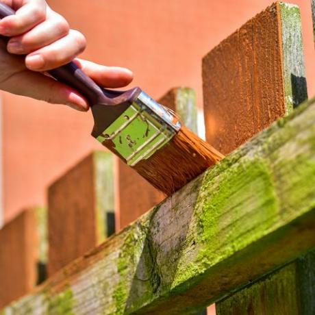 ruka s štětcem malování dřevěný plot