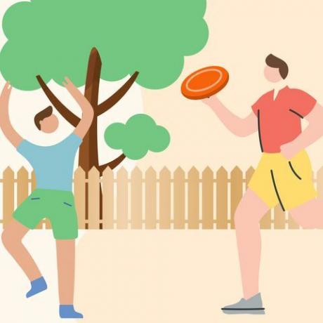 ilustrace člověka hrát frisbee s dítětem