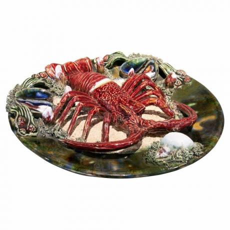 Starožitná portugalská keramika Palissy Style Majolica Lobster Wall Talíř, 1900