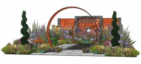 the sunburst garden, show garden, navržená charlie Bloomem a simonem websterem, rhs hampton court palace garden festival 2022