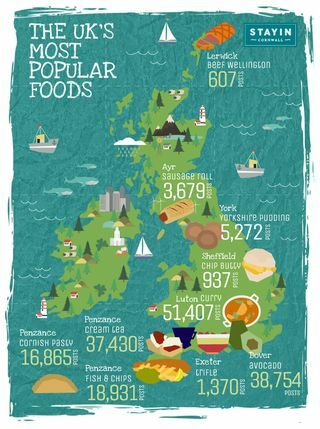 Zůstaňte v Cornwallu - mapa Nejoblíbenějších potravin ve Velké Británii