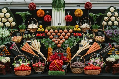 Prezentace zeleniny od Medwyns z Anglesey uvnitř Velkého pavilonu na RHS Chelsea Flower Show 2019. Stánek 223.