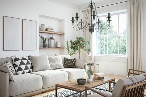 Interiér moderního skandinávského obývacího pokoje, 3D vykreslování