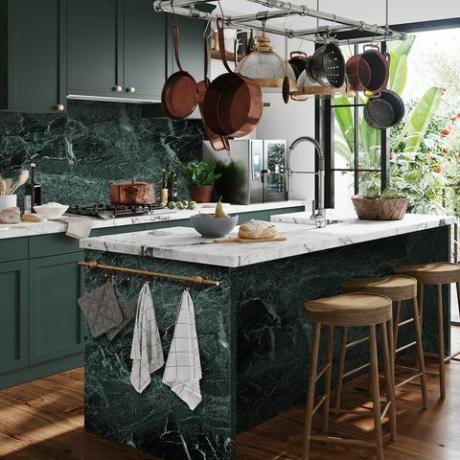 moderní design kuchyně, mramorová kuchyně verde tinos, cena od 600 GBP za m2, cullifords