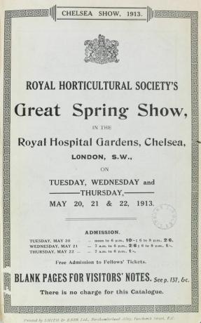 Titulní stránka převzatá z katalogu první Chelsea Flower Show v roce 1913