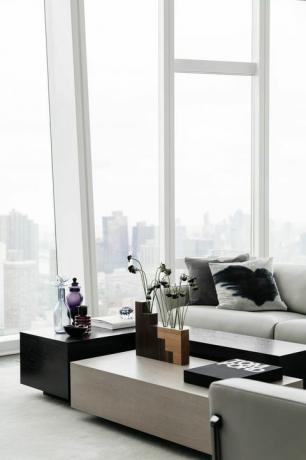 obývací pokoj, dřevěné umění, šedá pohovka, new york city, velká okna