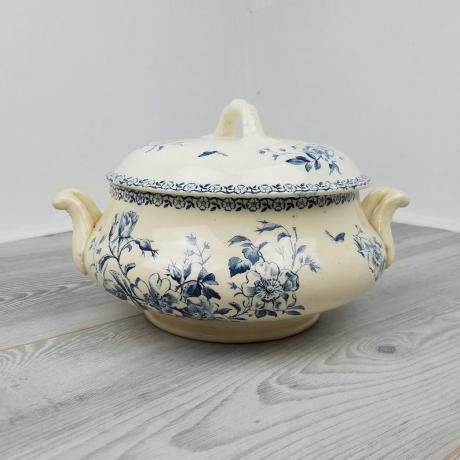 Nádherný starožitný francouzský porcelán Gien z počátku 20. století Deep Blue Mai Transferware TureenSoupière